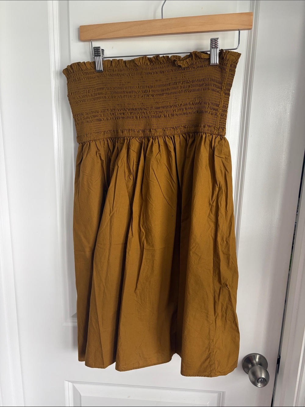 J. Crew Mustard Smocked Strapless Dress